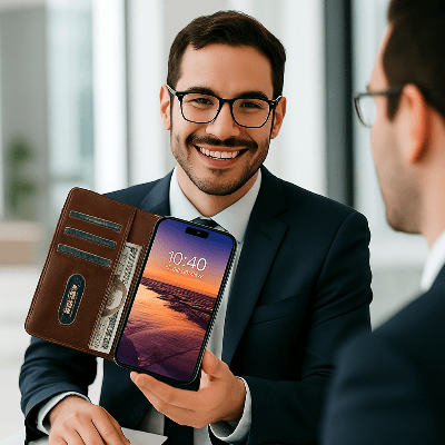 coque iphone 16 pro max homme dans bure avec collègue Cuirmagnétic