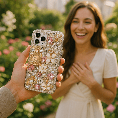 coque iphone femme recevant cette coque en cadeau par son mari Luxy