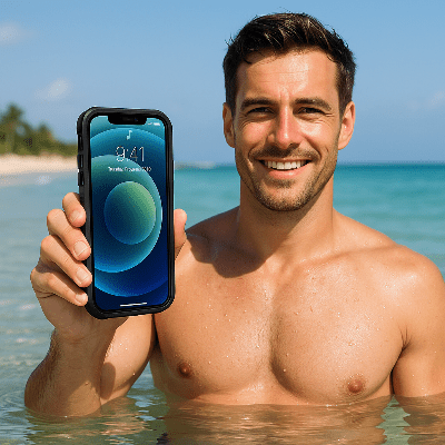 coque transparente homme dans la mer avec son smartphone Etancheau