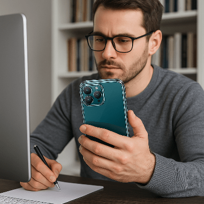 coque transparente iphone 13 homme travaillant sur ordinateur Limpide