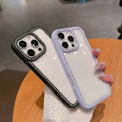 coque transparente iphone 13 noir mauve en main Pailletlux