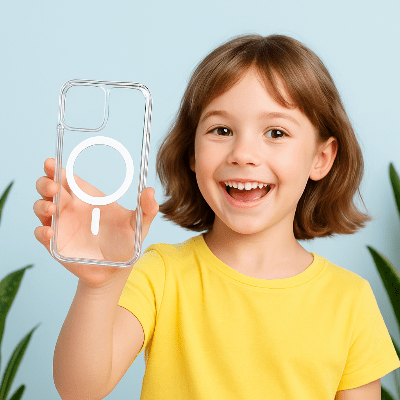 coque transparente jeune fille souriante pose avec coque TRANSPA