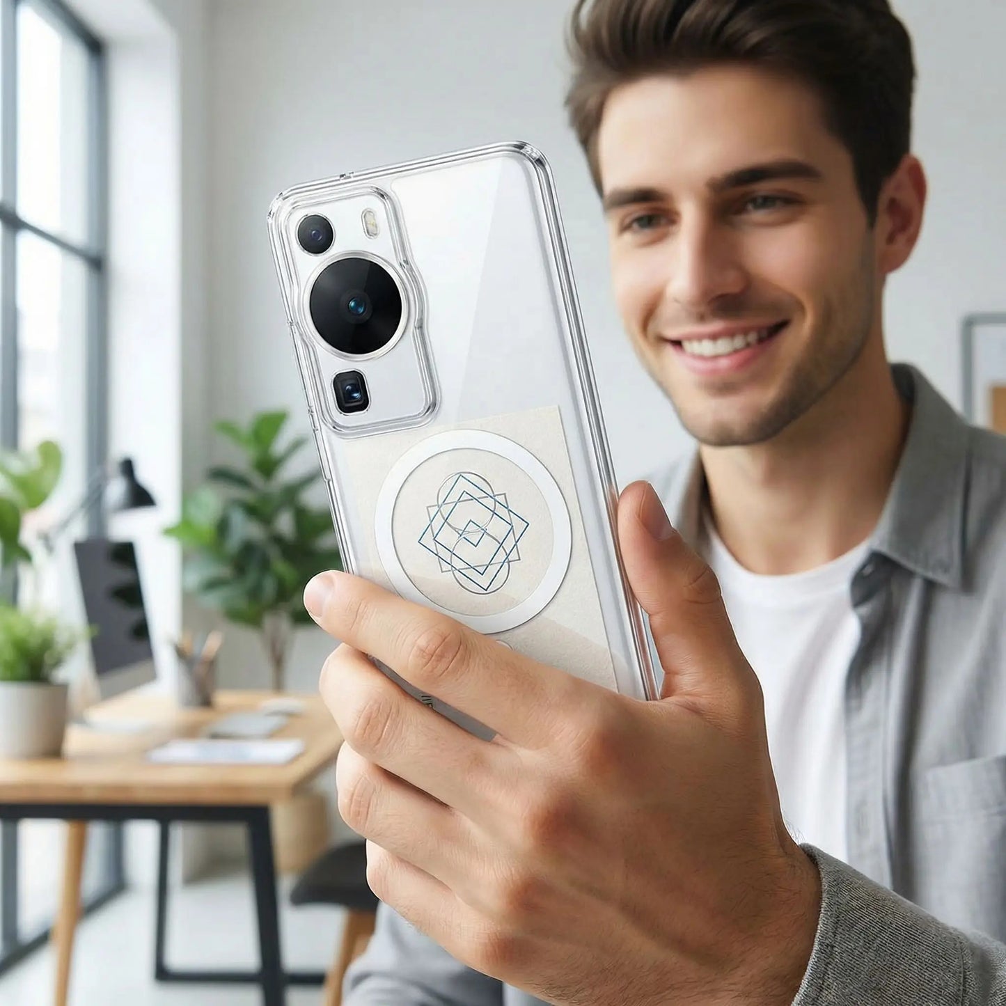 coque xiaomi redmi note 13 pro jeune homme montrant la coque Clairette