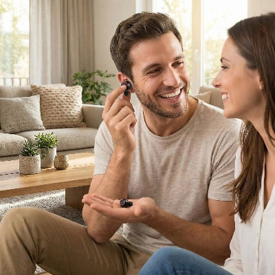 ecouteur conduction osseuse homme-montrant à sa femme Profondbass