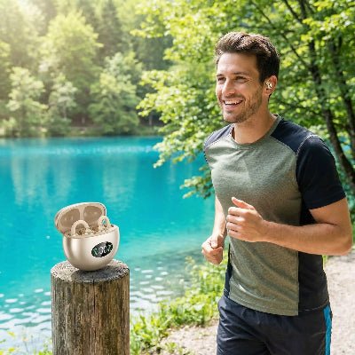 ecouteur runnig homme entrainement avec écouteur couleur beige Clipsecout