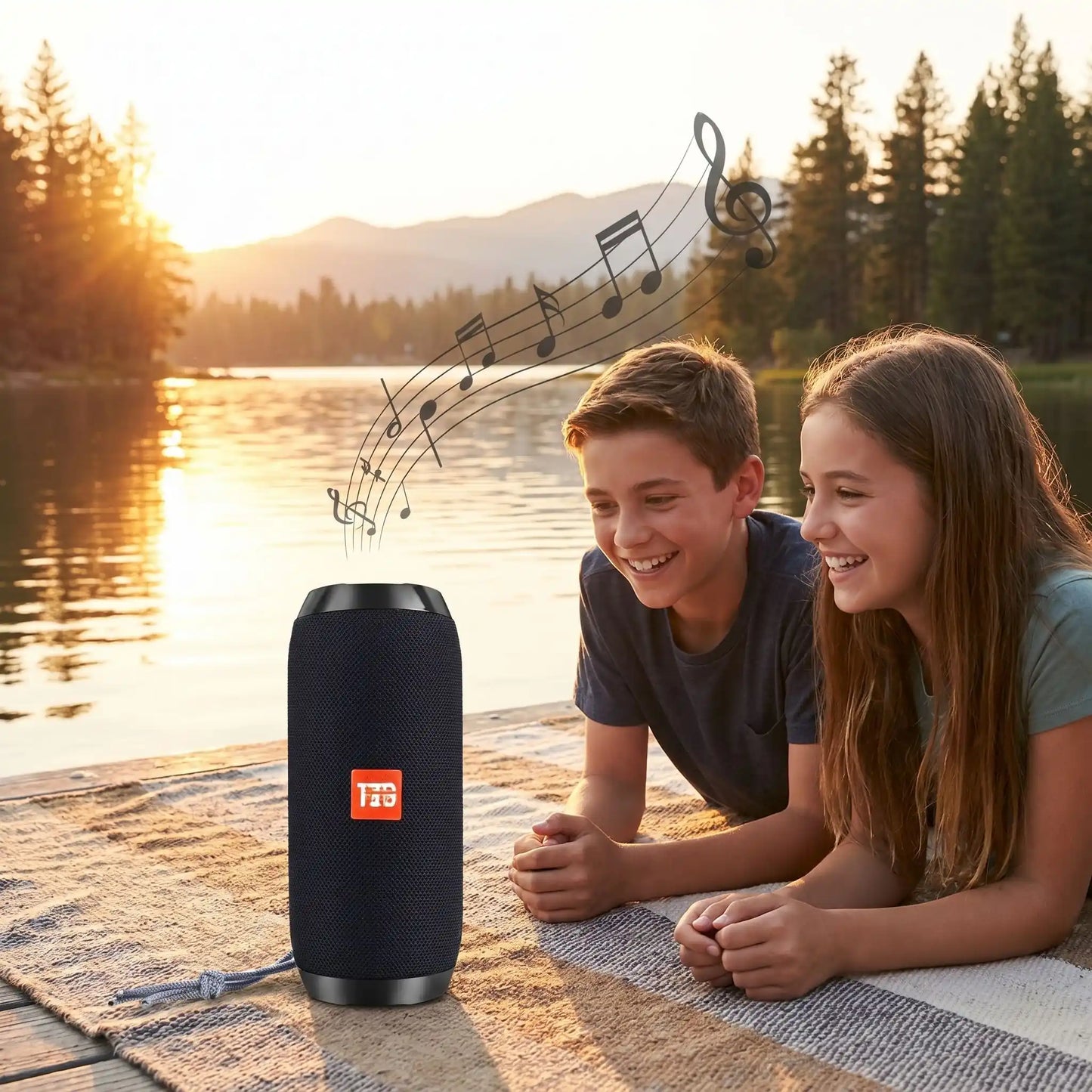 haut parleur bluetooth deux jeunes au lac BTSubwoofer