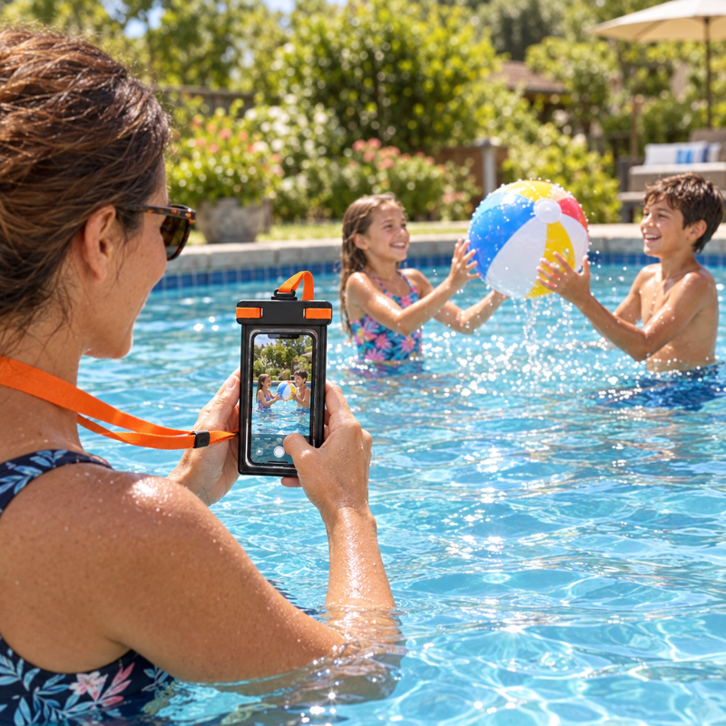 pochette étanche téléphone maman photographiant sa fille et son garcon jouant au ballon Ecranmarin