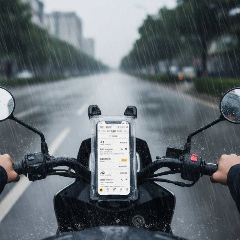 pochette étanche téléphone motard sous la pluie avec la pochette étanche sur téléphone visible sur le guidon Télétanche