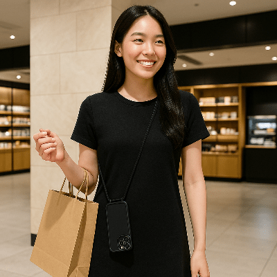 pochette téléphone bandoulière dame en train de faire ses achats Avecmoi