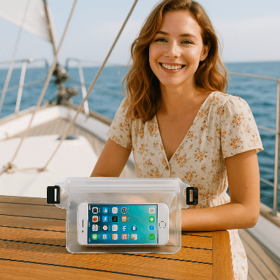 pochette téléphone étanche transparente sur voilier présence dame Soumarine