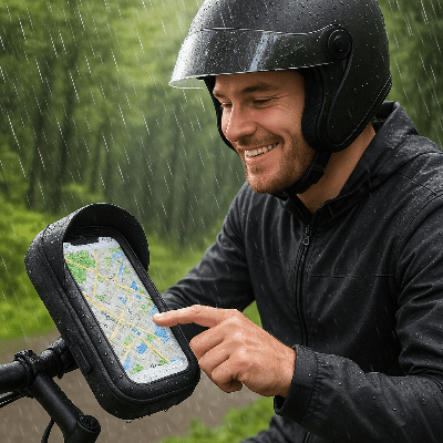porte telephone moto sous la pluie homme heureux Ausec