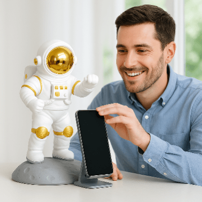 support bureau téléphone homme souriant avec son support Astro