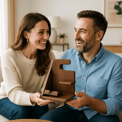 support telephone cadeau entre époux souriants Boisé