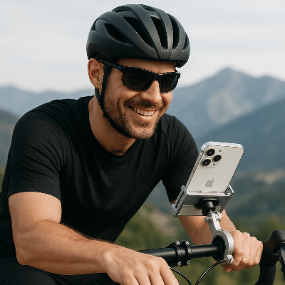 support telephone velo cycliste souriant sur son velo Lerobuste