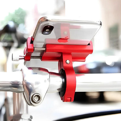 support telephone velo rouge en place sur guidon alliagealu