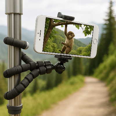 trépied iphone singe accroche à une branche en forêt Flexgorille
