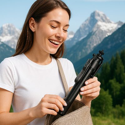 trépied smartphone dame en montagne avec trépied plié Selfpied