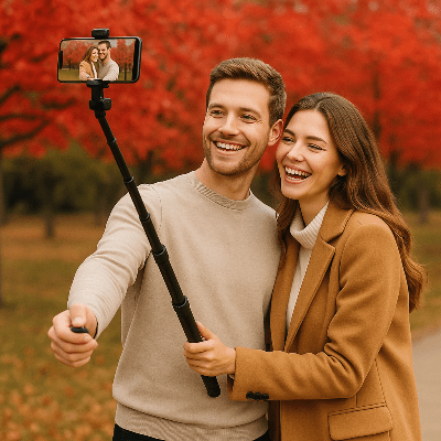 trépied smartphone jeune couple se prenant en photo Selfpied